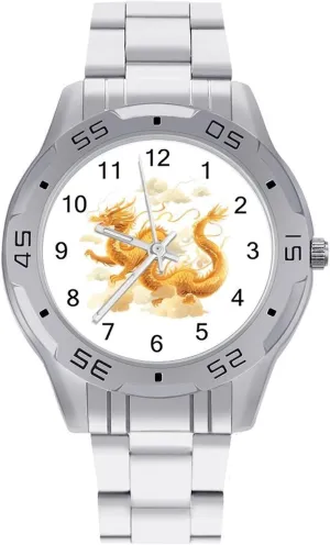Golden Chinese Dragon with Clouds Simple Stainless Steel Band Business Watch Dress Wrist Unique Luxury Work Casual Waterproof Watches
