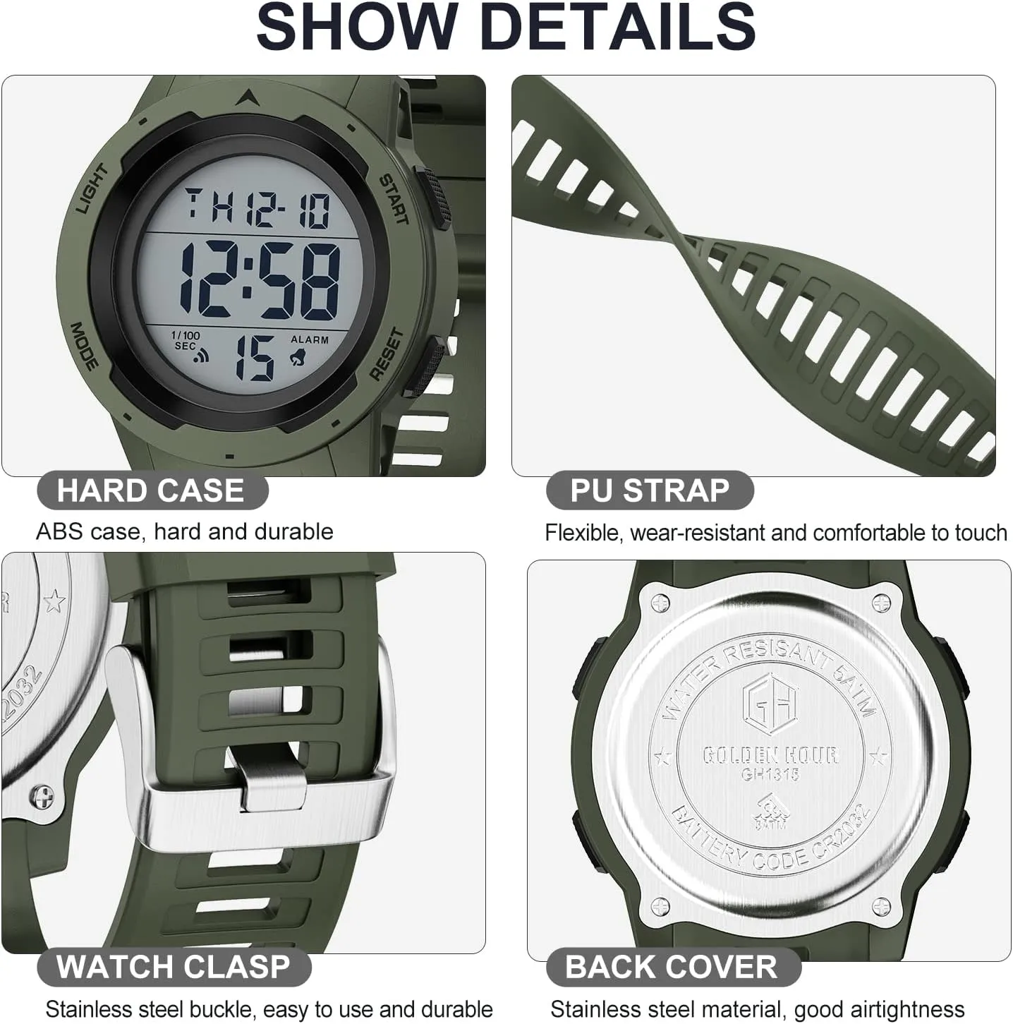 GOLDEN HOUR Mens Waterproof Digital Sport Watches Wide Screen Easy Read Display Military Style with Rubber Strap