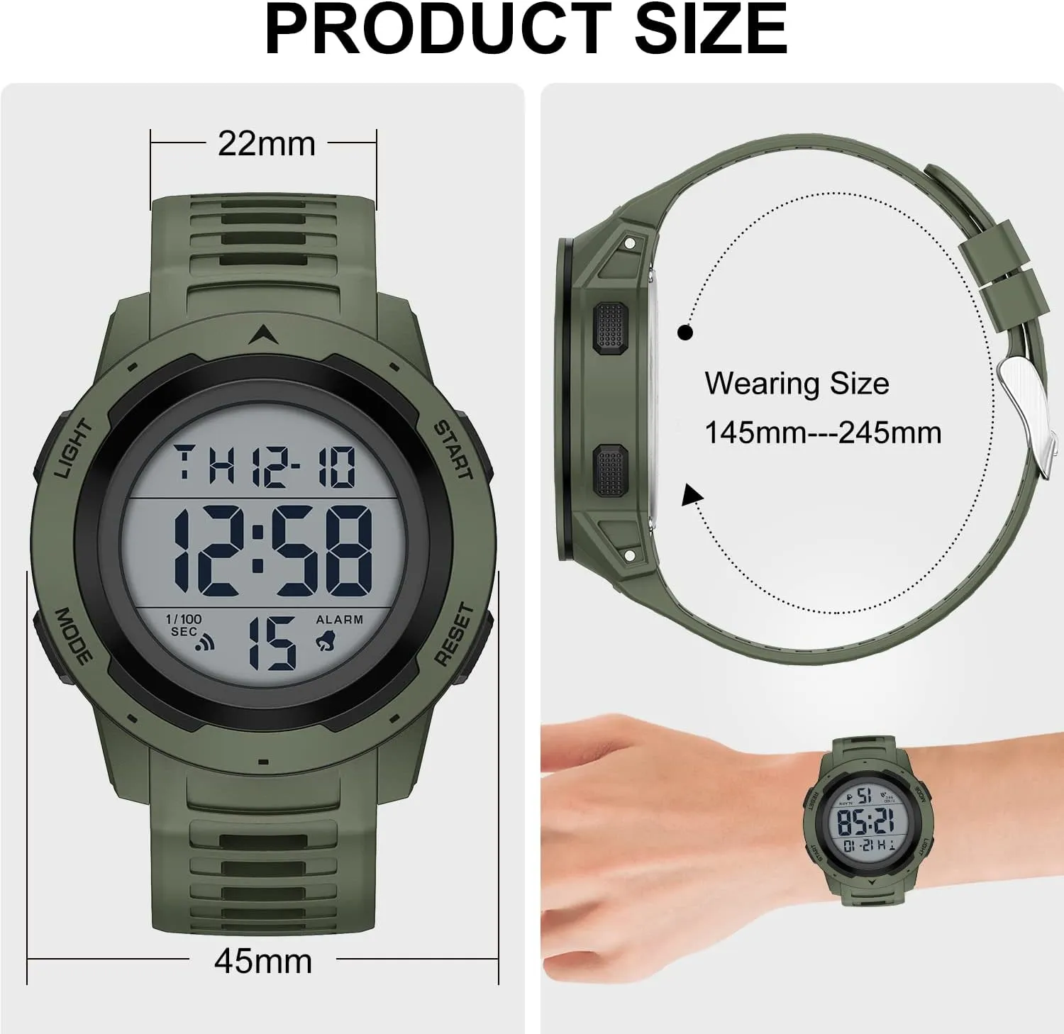 GOLDEN HOUR Mens Waterproof Digital Sport Watches Wide Screen Easy Read Display Military Style with Rubber Strap