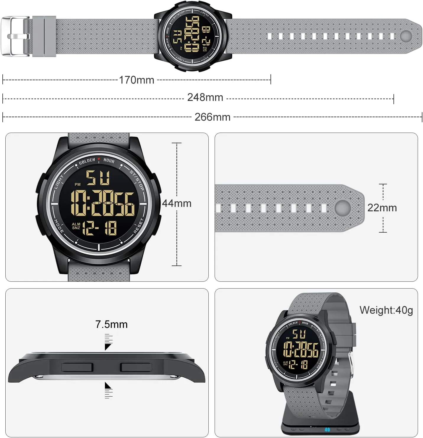 GOLDEN HOUR Ultra-Thin Minimalist Sports Waterproof Digital Watches Men with Wide-Angle Display Rubber Strap Wrist Watch for Men Women