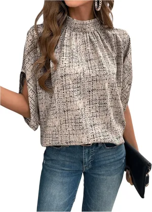 GORGLITTER Women's Mock Neck Dolman Short Sleeve Blouse Printed Dressy Tie Back Shirt Top