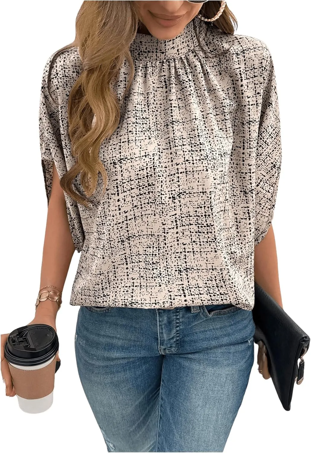 GORGLITTER Women's Mock Neck Dolman Short Sleeve Blouse Printed Dressy Tie Back Shirt Top