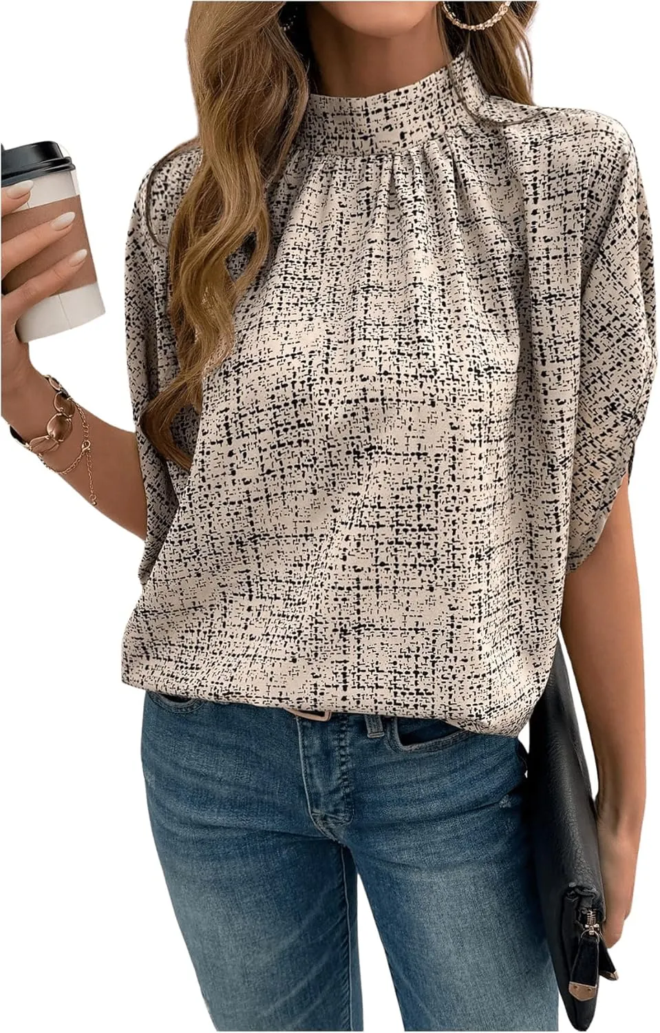 GORGLITTER Women's Mock Neck Dolman Short Sleeve Blouse Printed Dressy Tie Back Shirt Top