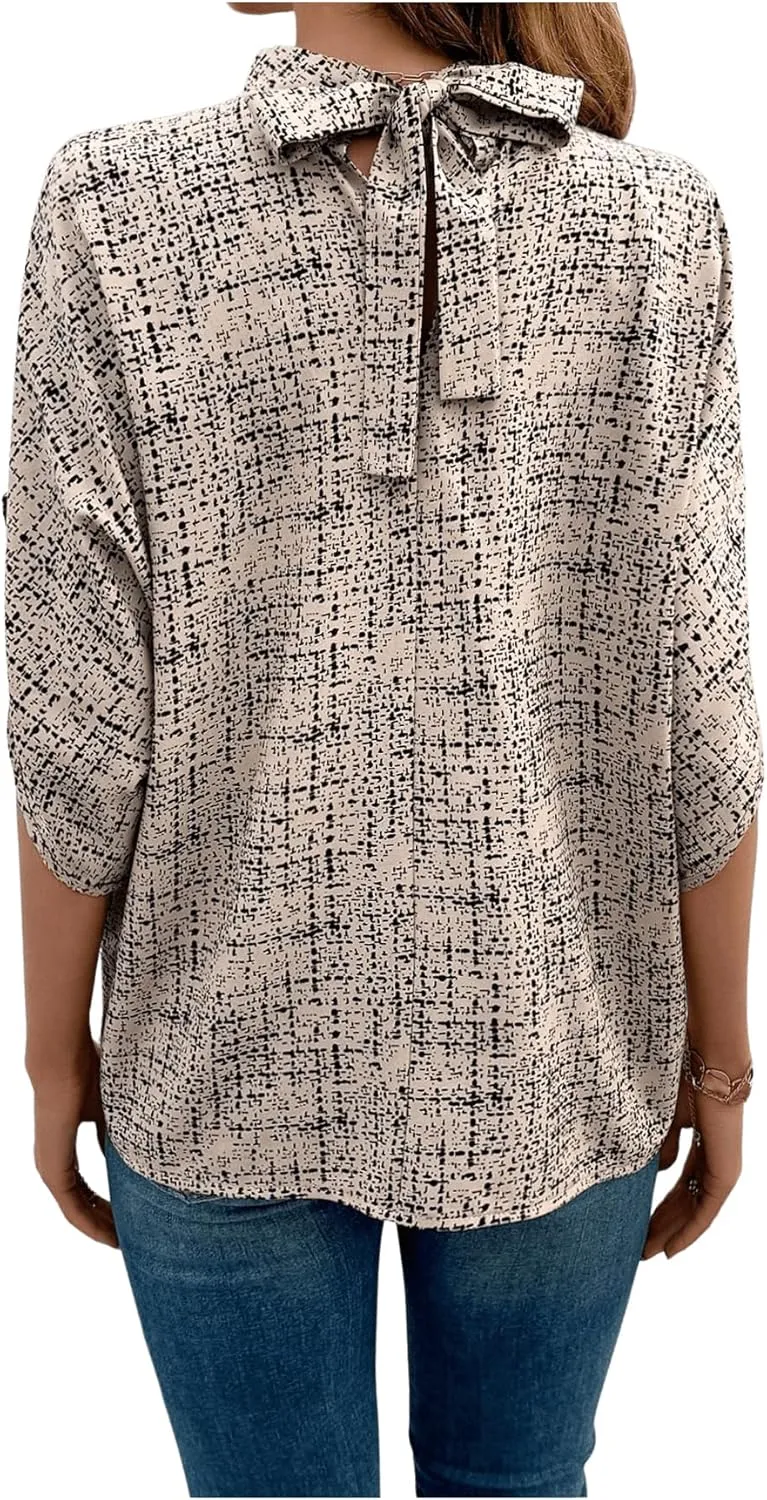 GORGLITTER Women's Mock Neck Dolman Short Sleeve Blouse Printed Dressy Tie Back Shirt Top
