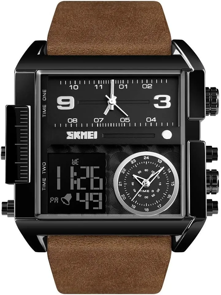 Gosasa Men Square Large Face Digital Sports Watch,LED Analog Quartz Wrist Watch with Multi-Time Zone 50M Waterproof Stopwatch