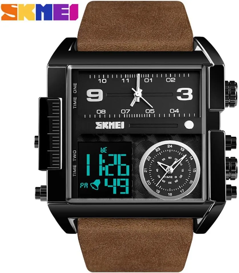 Gosasa Men Square Large Face Digital Sports Watch,LED Analog Quartz Wrist Watch with Multi-Time Zone 50M Waterproof Stopwatch