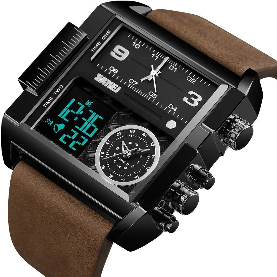 Gosasa Men Square Large Face Digital Sports Watch,LED Analog Quartz Wrist Watch with Multi-Time Zone 50M Waterproof Stopwatch