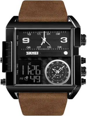 Gosasa Men Square Large Face Digital Sports Watch,LED Analog Quartz Wrist Watch with Multi-Time Zone 50M Waterproof Stopwatch