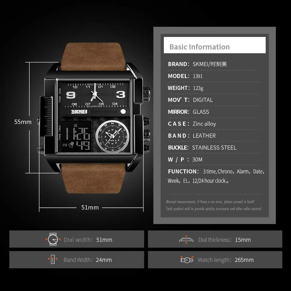 Gosasa Men Square Large Face Digital Sports Watch,LED Analog Quartz Wrist Watch with Multi-Time Zone 50M Waterproof Stopwatch