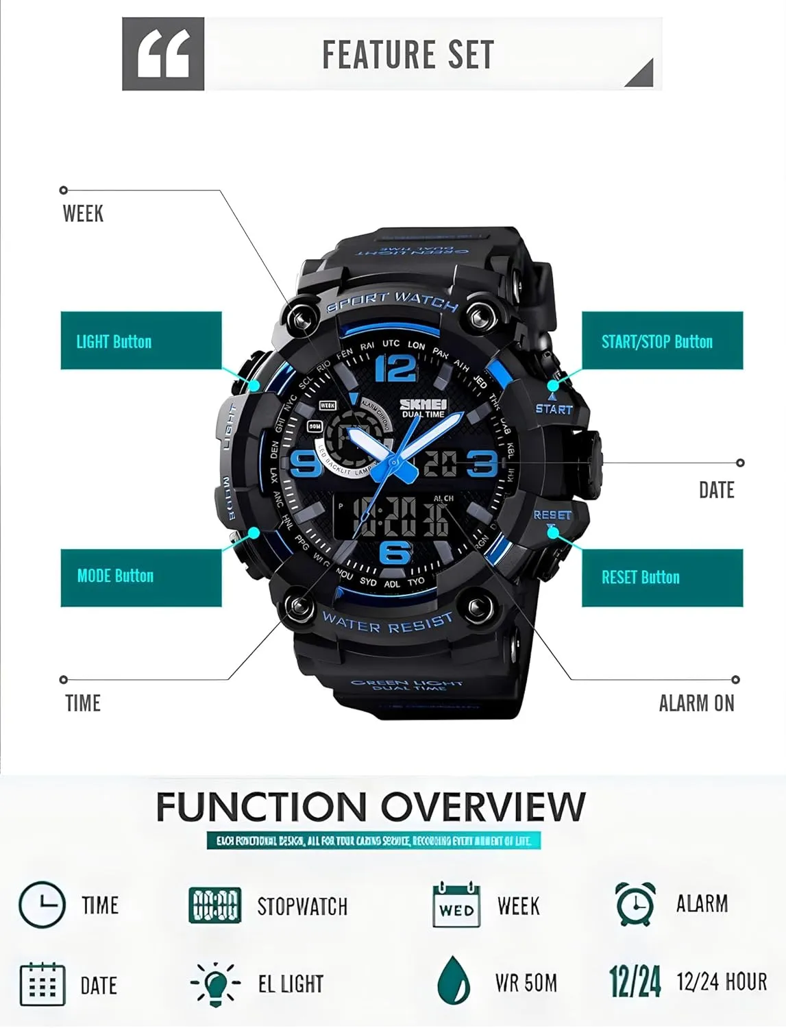 Gosasa Men's Large Face Outdoor Sports Watches Military S-Shock Watch Waterproof, Backlight, Alarm, Stopwatch Features - Rugged Wristwatch for Training, Hiking, and Adventure