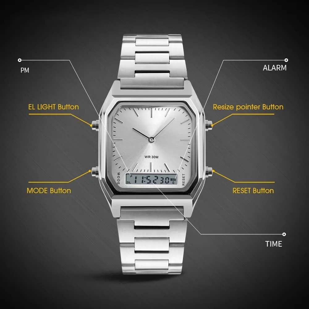 Gosasa Women Men Square Multifunction Stopwatch Dual Display Wristwatches Stainless Steel Strap Analog Sports Watches