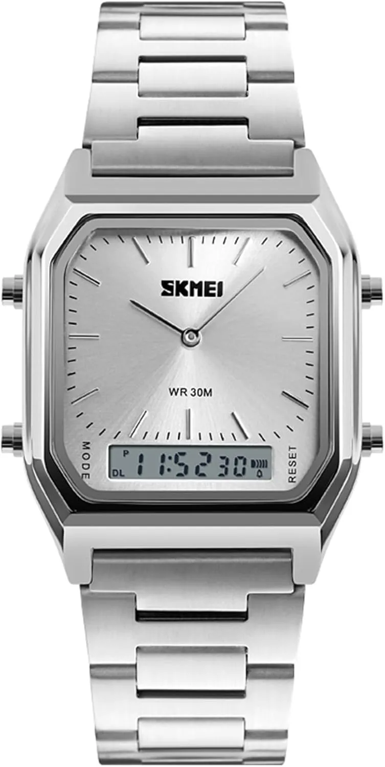 Gosasa Women Men Square Multifunction Stopwatch Dual Display Wristwatches Stainless Steel Strap Analog Sports Watches