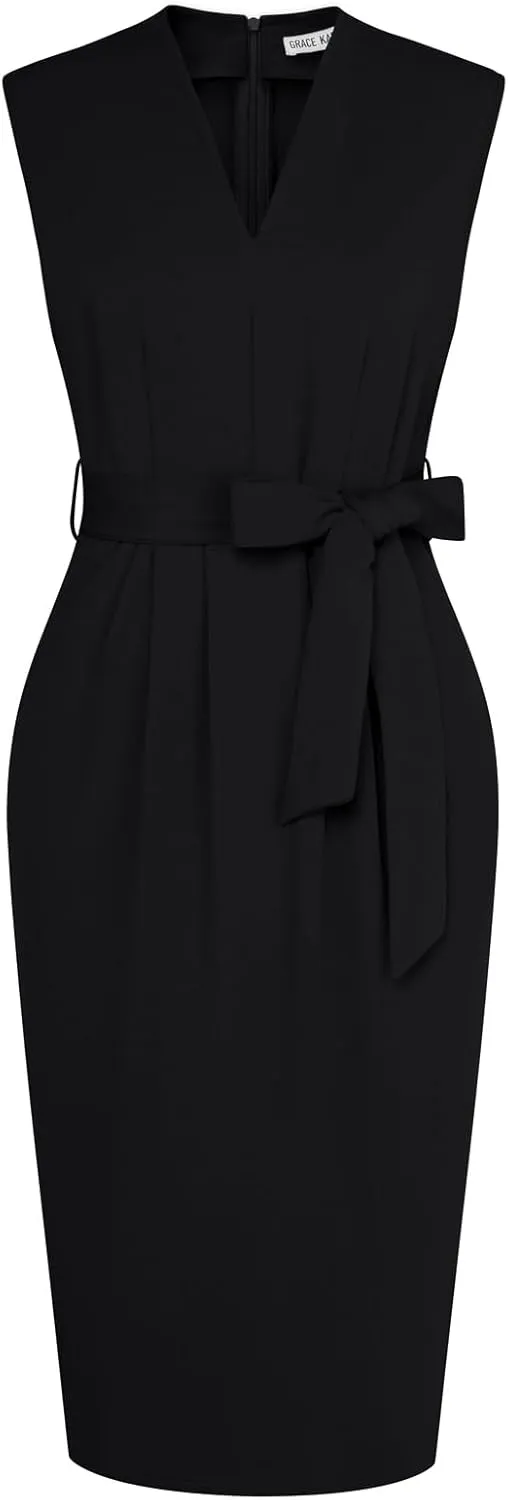 GRACE KARIN Women's Business Dresses Sleeveless V Neck Bodycon Sheath Dress Zipper Up Office Work Dress with Pockets