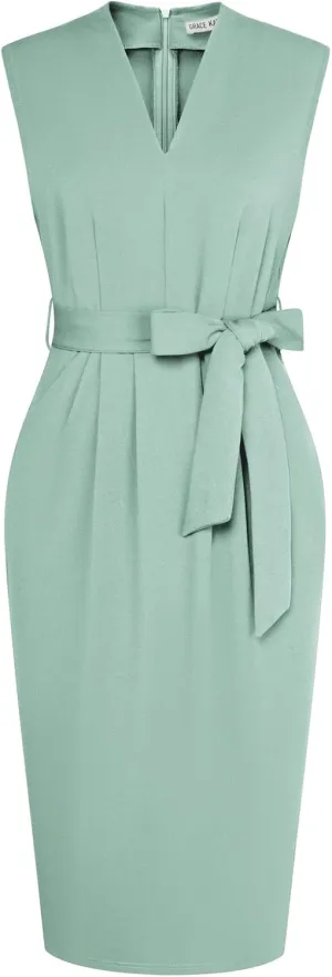 GRACE KARIN Women's Business Dresses Sleeveless V Neck Bodycon Sheath Dress Zipper Up Office Work Dress with Pockets