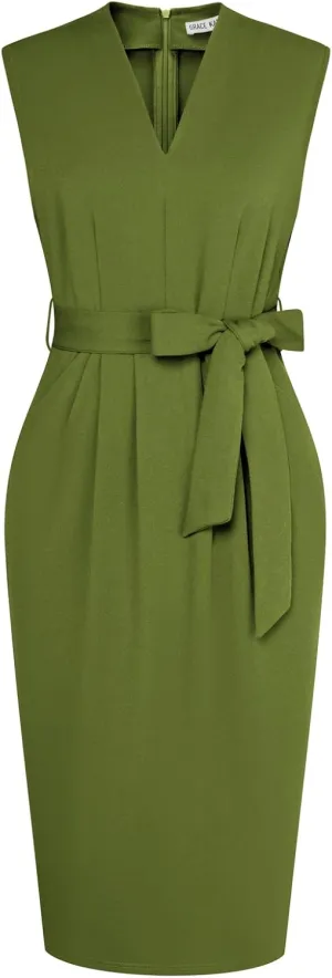 GRACE KARIN Women's Business Dresses Sleeveless V Neck Bodycon Sheath Dress Zipper Up Office Work Dress with Pockets