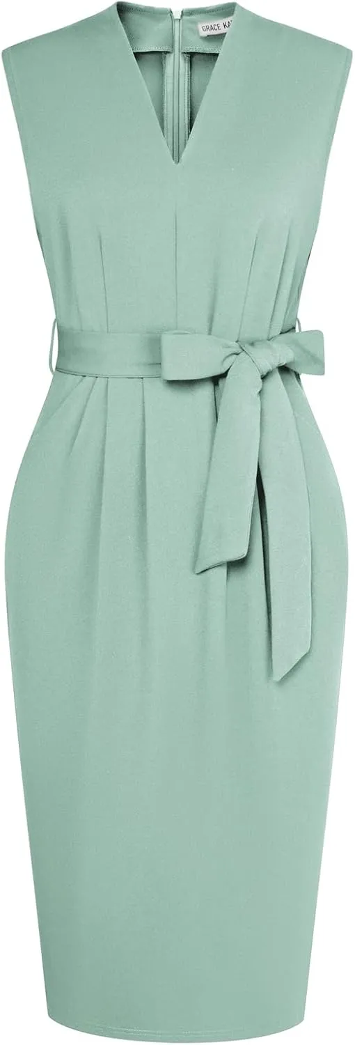 GRACE KARIN Women's Business Dresses Sleeveless V Neck Bodycon Sheath Dress Zipper Up Office Work Dress with Pockets