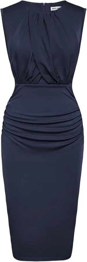 GRACE KARIN Women's Ruched Bodycon Dress Summer Sleeveless Front Drape Patchwork Crew Neck Midi Cocktail Dress