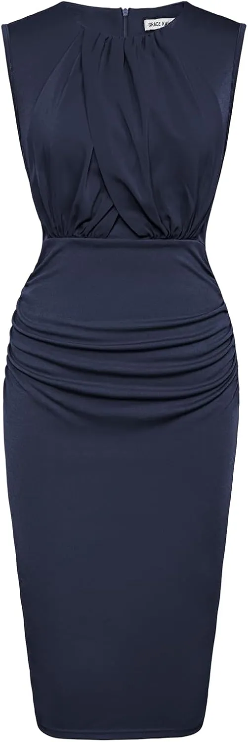 GRACE KARIN Women's Ruched Bodycon Dress Summer Sleeveless Front Drape Patchwork Crew Neck Midi Cocktail Dress