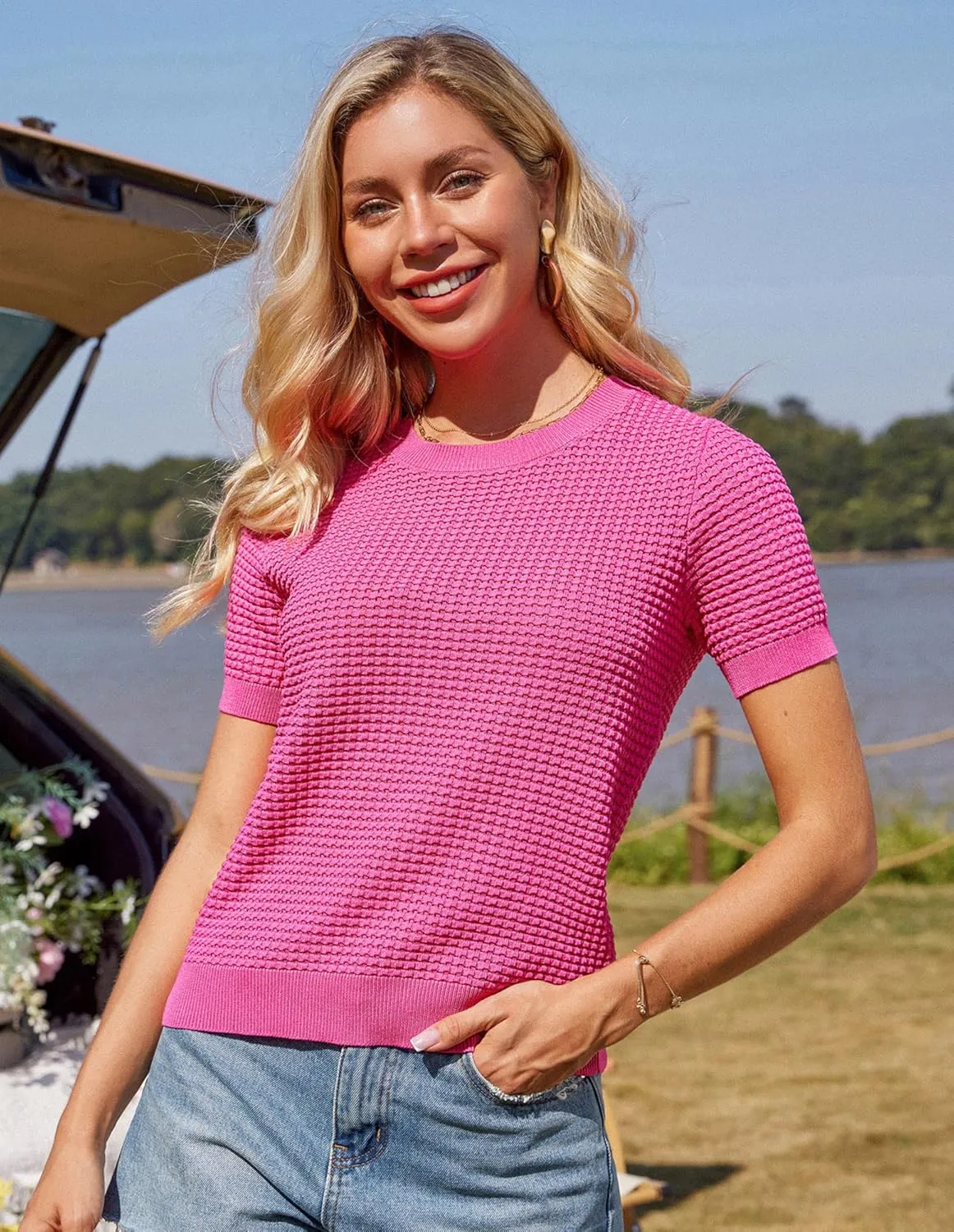 GRACE KARIN Womens Short Sleeve Sweater Crew Neck Summer Sweater Pullovers Tops Lightweight Dressy Casual Knit Blouse