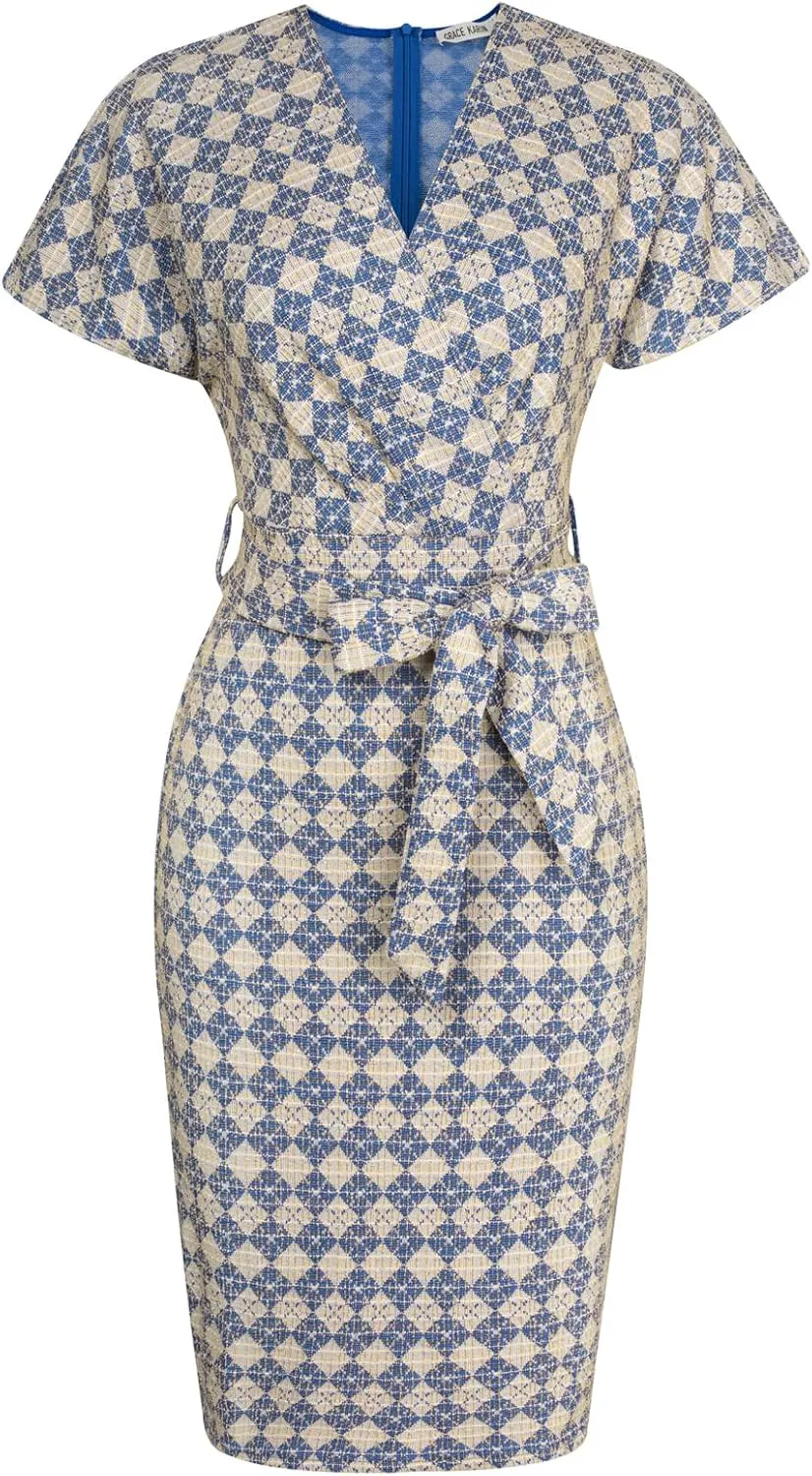 GRACE KARIN Women's Tweed Work Pencil Dress Stretchy Business Office Bodycon Midi Dresses Short Sleeve