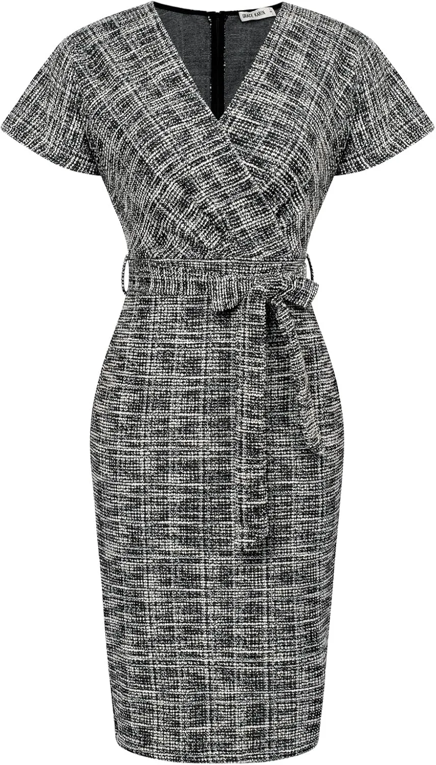GRACE KARIN Women's Tweed Work Pencil Dress Stretchy Business Office Bodycon Midi Dresses Short Sleeve