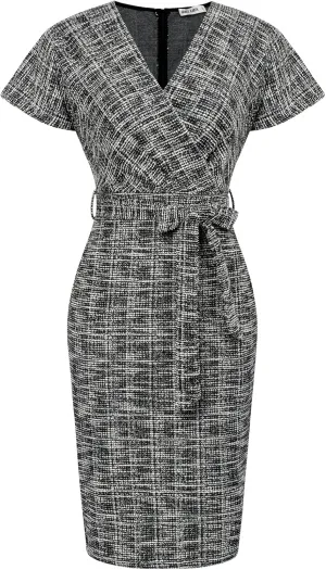 GRACE KARIN Women's Tweed Work Pencil Dress Stretchy Business Office Bodycon Midi Dresses Short Sleeve