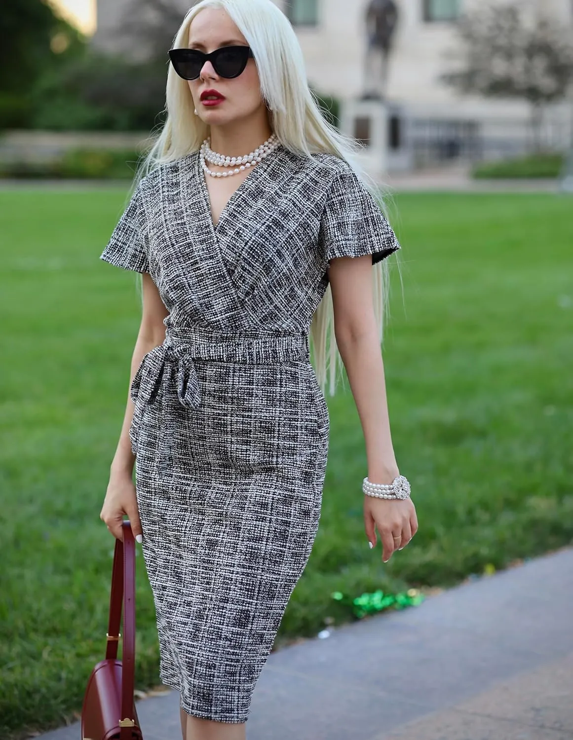 GRACE KARIN Women's Tweed Work Pencil Dress Stretchy Business Office Bodycon Midi Dresses Short Sleeve