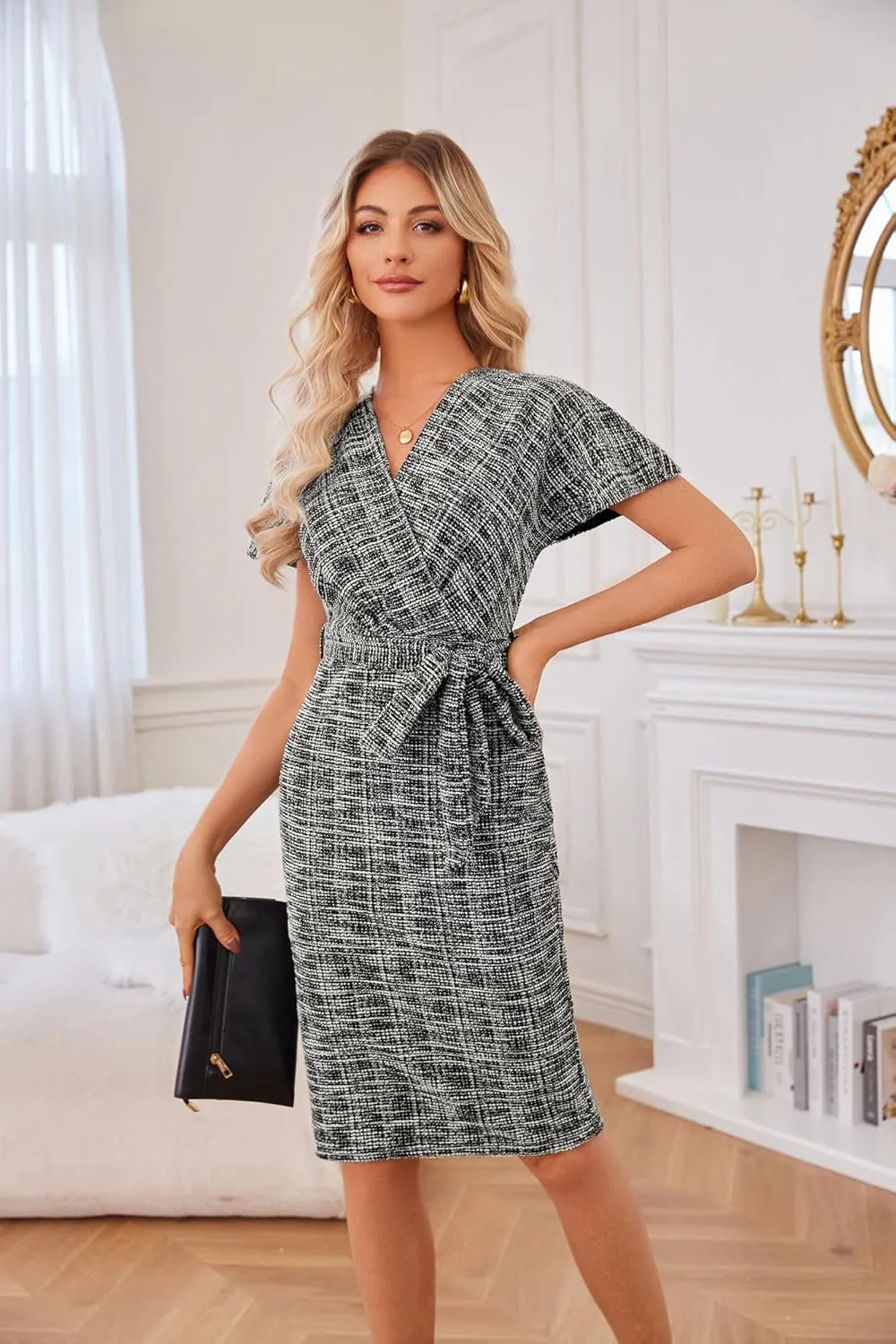GRACE KARIN Women's Tweed Work Pencil Dress Stretchy Business Office Bodycon Midi Dresses Short Sleeve