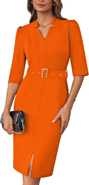 GRACE KARIN Women's Work Dress 3/4 Sleeve V Neck Bodycon Sheath Dress Zipper Up Office Business Dresses with Belt