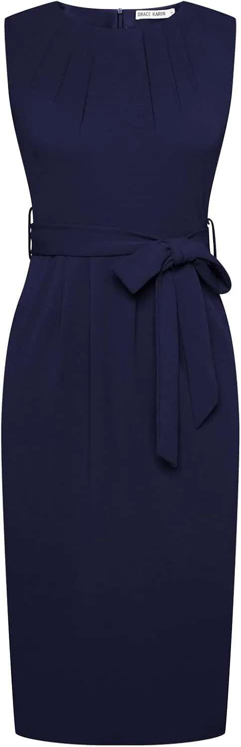 GRACE KARIN Women's Work Dress Sleeveless Crew Neck Bodycon Sheath Dress Zipper Up Office Business Dresses with Pockets