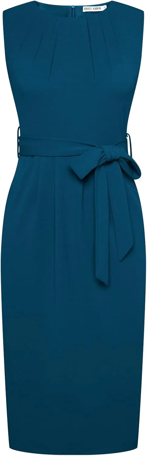 GRACE KARIN Women's Work Dress Sleeveless Crew Neck Bodycon Sheath Dress Zipper Up Office Business Dresses with Pockets