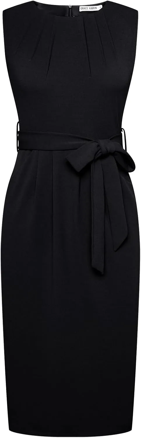 GRACE KARIN Women's Work Dress Sleeveless Crew Neck Bodycon Sheath Dress Zipper Up Office Business Dresses with Pockets