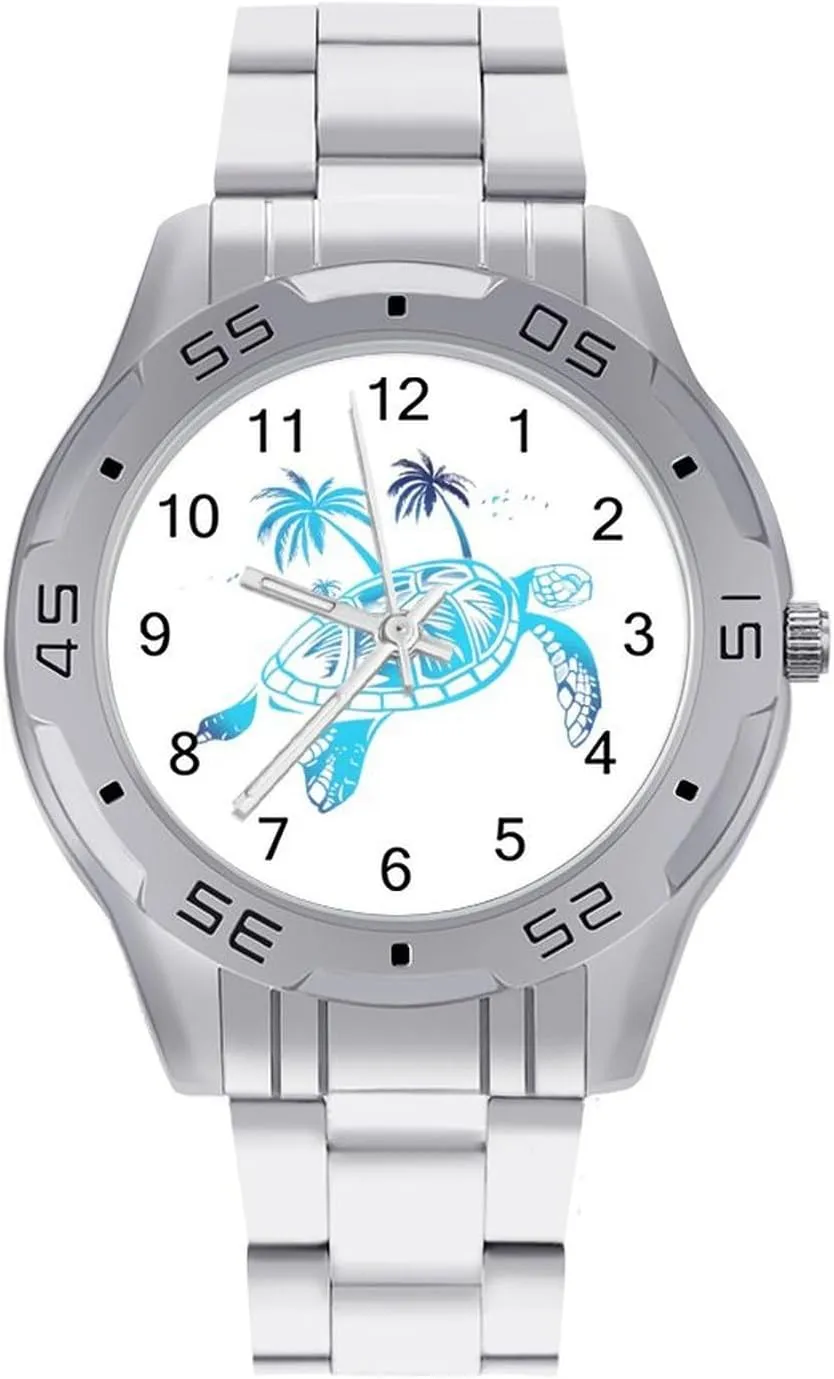 Gradie Sea Turtle with Palm Trees Simple Stainless Steel Band Business Watch Dress Wrist Unique Luxury Work Casual Waterproof Watches