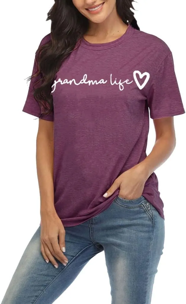 Grandma Shirt Women Casual Grandma Life Heart Printed T-Shirt Funny Tee Shirt for Grandma