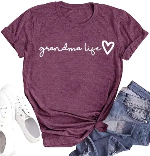 Grandma Shirt Women Casual Grandma Life Heart Printed T-Shirt Funny Tee Shirt for Grandma