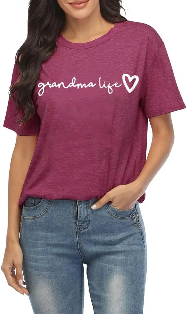 Grandma Shirt Women Casual Grandma Life Heart Printed T-Shirt Funny Tee Shirt for Grandma
