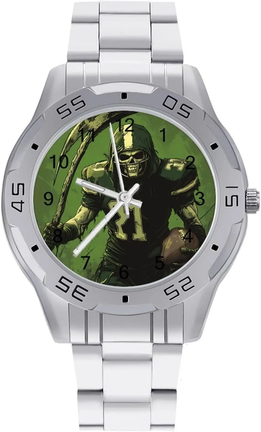 Grim Reaper U.S. Irish Football Simple Wrist Watches for Men Silver Casual Big Face Dress Watch Easy to Read