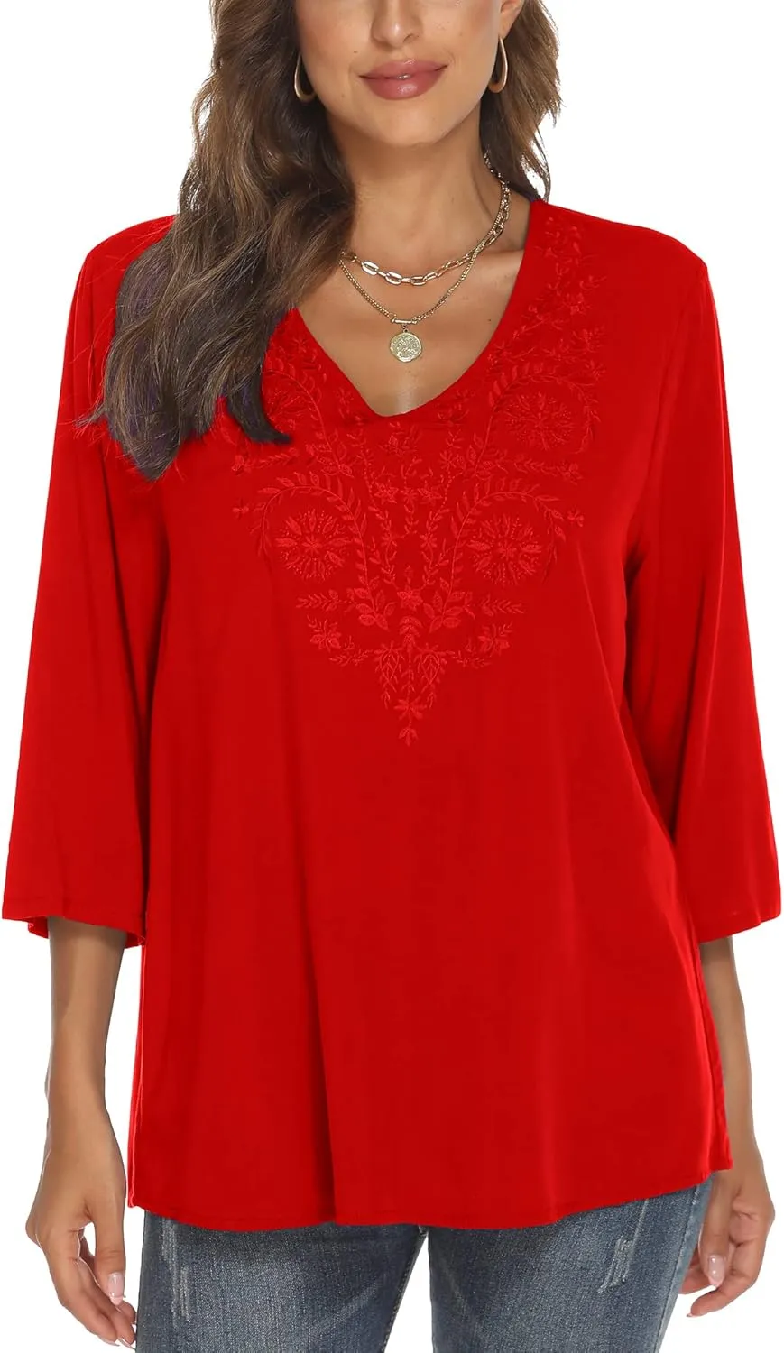 Grosy Women's Embroidered Plain Tunic Tops for Summer Fall Spring, Simple Elegant Dressy Blouse Casual Embroidery Solid Shirt