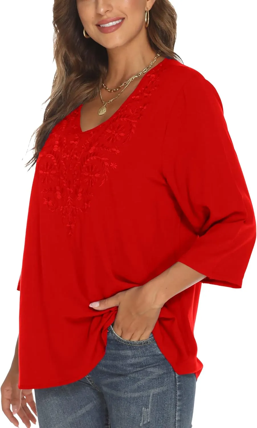 Grosy Women's Embroidered Plain Tunic Tops for Summer Fall Spring, Simple Elegant Dressy Blouse Casual Embroidery Solid Shirt