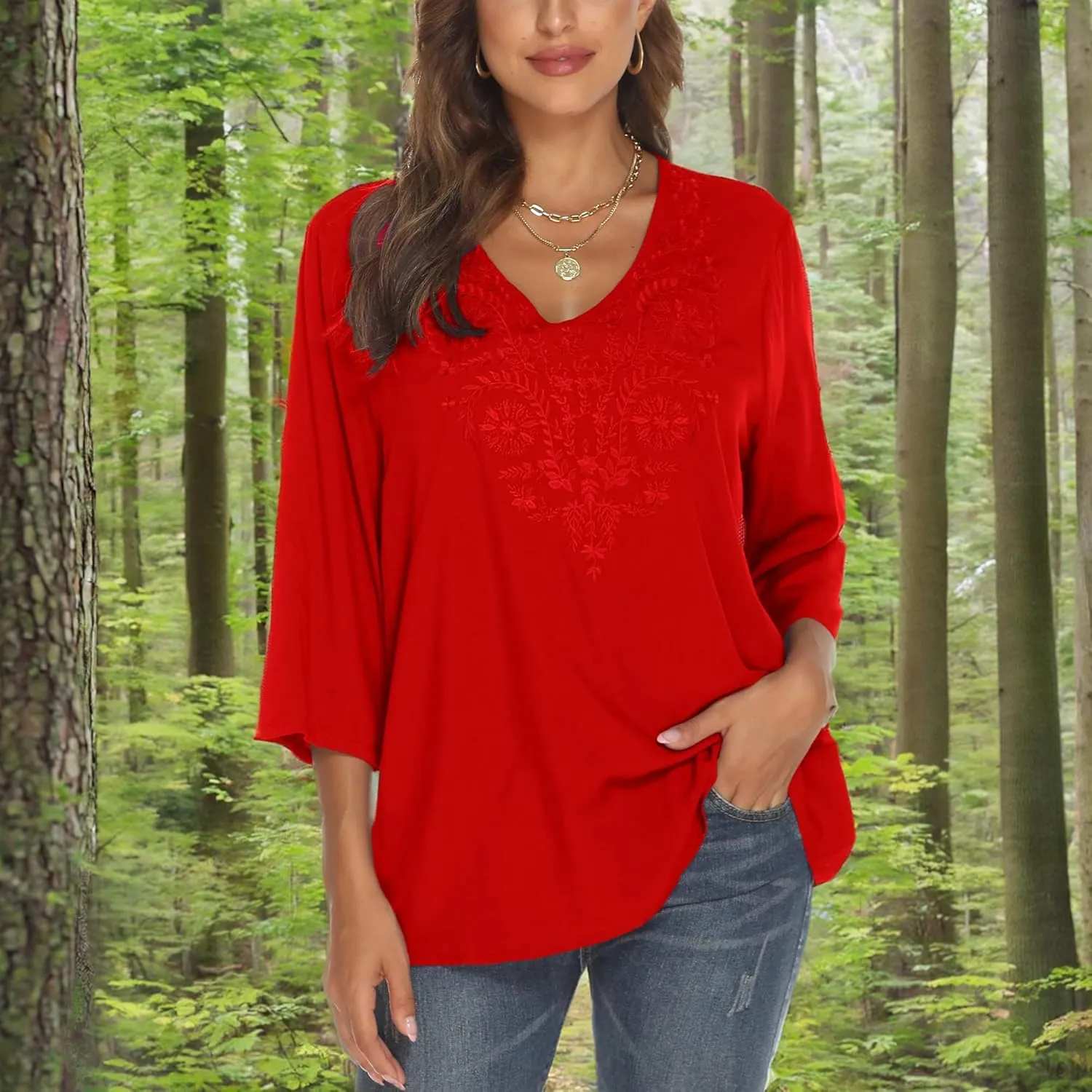 Grosy Women's Embroidered Plain Tunic Tops for Summer Fall Spring, Simple Elegant Dressy Blouse Casual Embroidery Solid Shirt