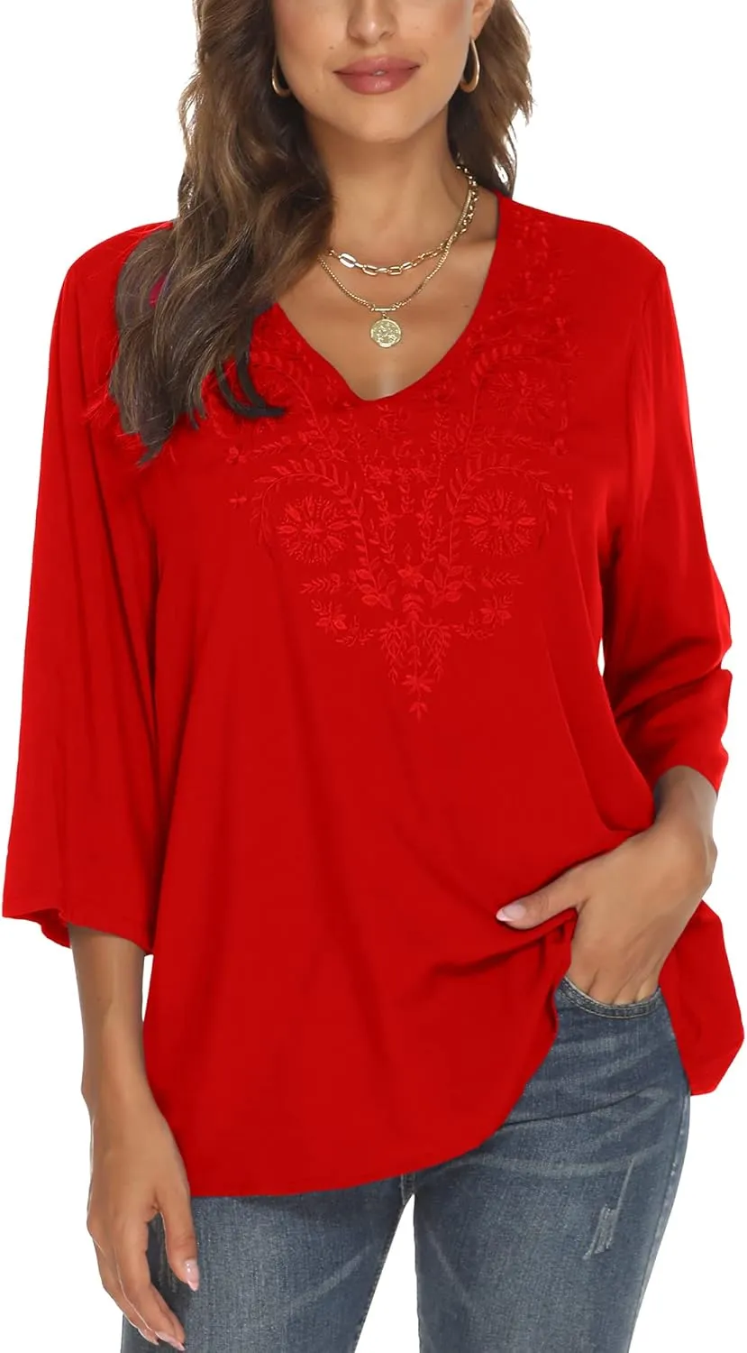 Grosy Women's Embroidered Plain Tunic Tops for Summer Fall Spring, Simple Elegant Dressy Blouse Casual Embroidery Solid Shirt