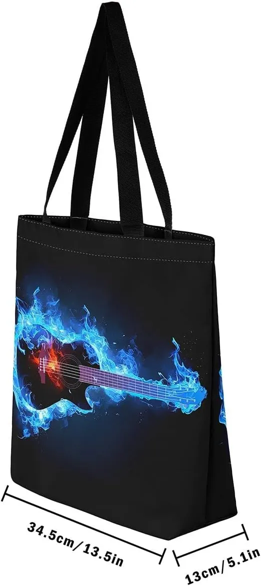 Guitar Canvas Tote Bag for Women,Music Stringed Instruments Large Capacity Gym Bag Flaming Grocery Shoulder Bag
