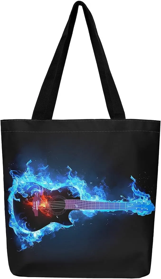 Guitar Canvas Tote Bag for Women,Music Stringed Instruments Large Capacity Gym Bag Flaming Grocery Shoulder Bag