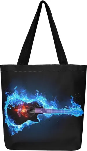 Guitar Canvas Tote Bag for Women,Music Stringed Instruments Large Capacity Gym Bag Flaming Grocery Shoulder Bag