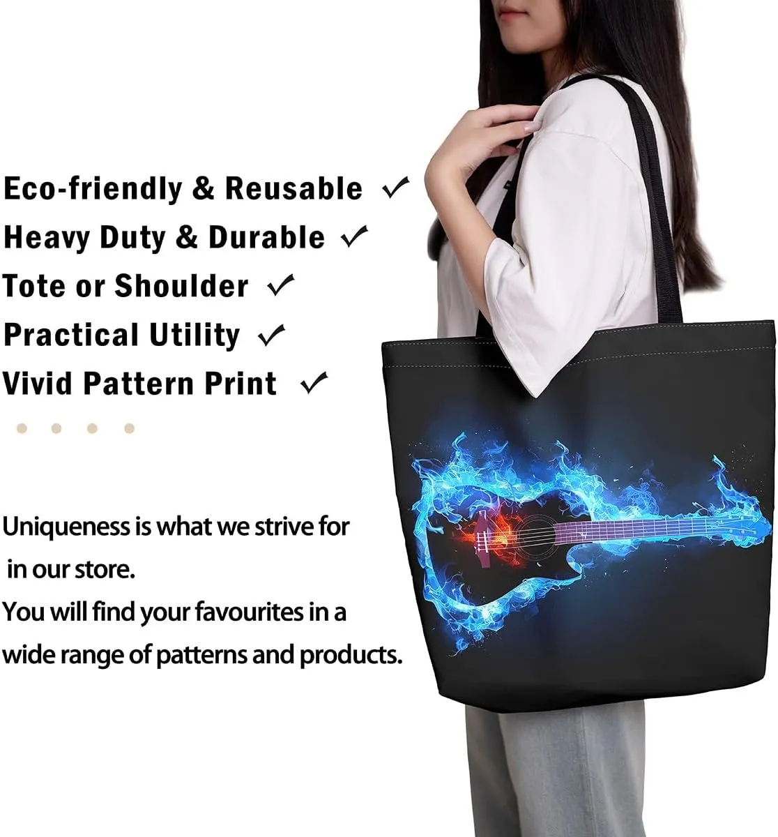 Guitar Canvas Tote Bag for Women,Music Stringed Instruments Large Capacity Gym Bag Flaming Grocery Shoulder Bag