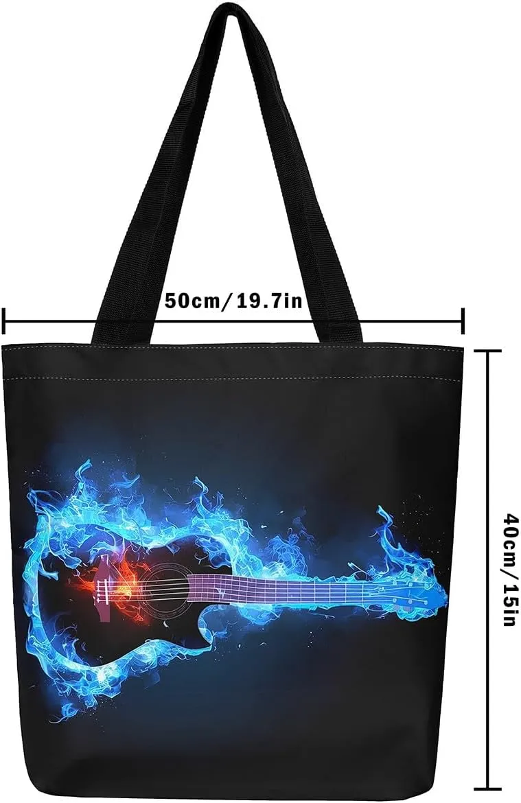 Guitar Canvas Tote Bag for Women,Music Stringed Instruments Large Capacity Gym Bag Flaming Grocery Shoulder Bag