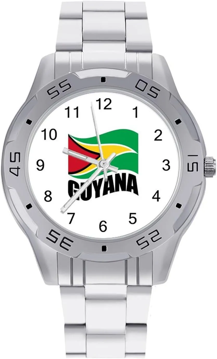 Guyana Flag Guyanese Simple Wrist Watches for Men Silver Casual Big Face Dress Watch Easy to Read