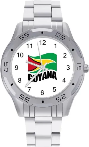 Guyana Flag Guyanese Simple Wrist Watches for Men Silver Casual Big Face Dress Watch Easy to Read