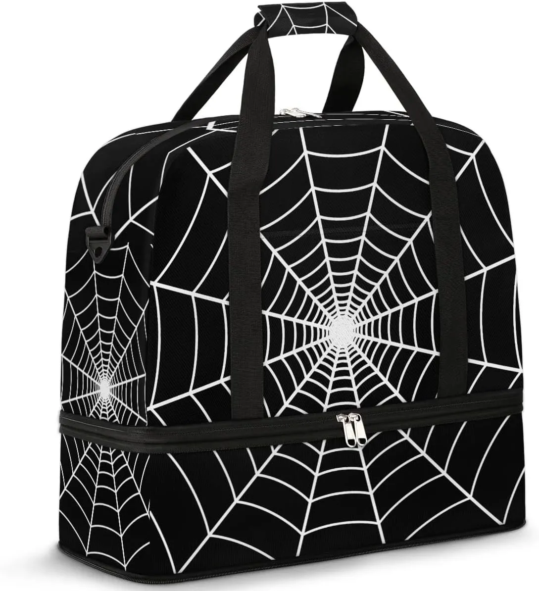 Gym Bag for Men Women, Carry on Travel Duffel Bag with Trolley Sleeve, Black Spider Web Waterproof Weekender Overnight Bags with Shoes and Wet Clothes Compartment for Sleepover Workout Sports