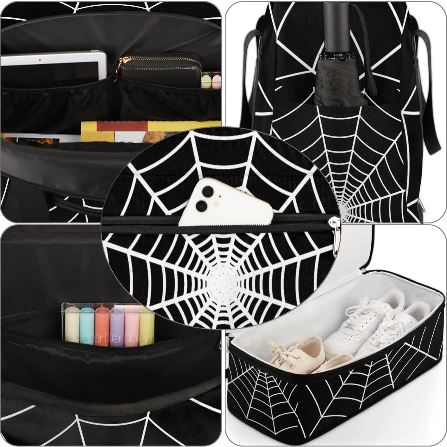 Gym Bag for Men Women, Carry on Travel Duffel Bag with Trolley Sleeve, Black Spider Web Waterproof Weekender Overnight Bags with Shoes and Wet Clothes Compartment for Sleepover Workout Sports